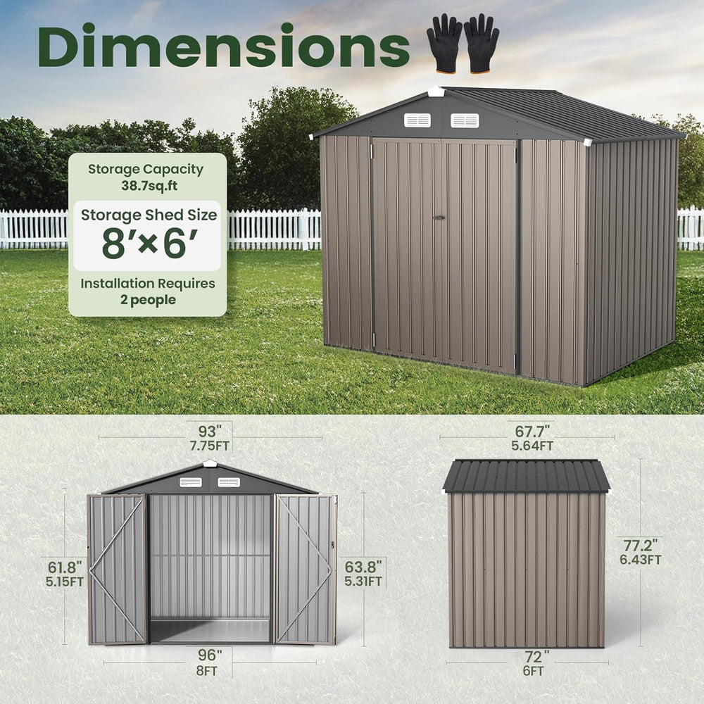 GVDV 8x6 FT Outdoor Storage Shed, Full Size Metal Utility Shed (No Floor)