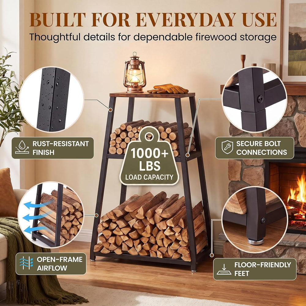 37" Firewood Rack, 3-Zone Log Holder for Indoor & Outdoor Use