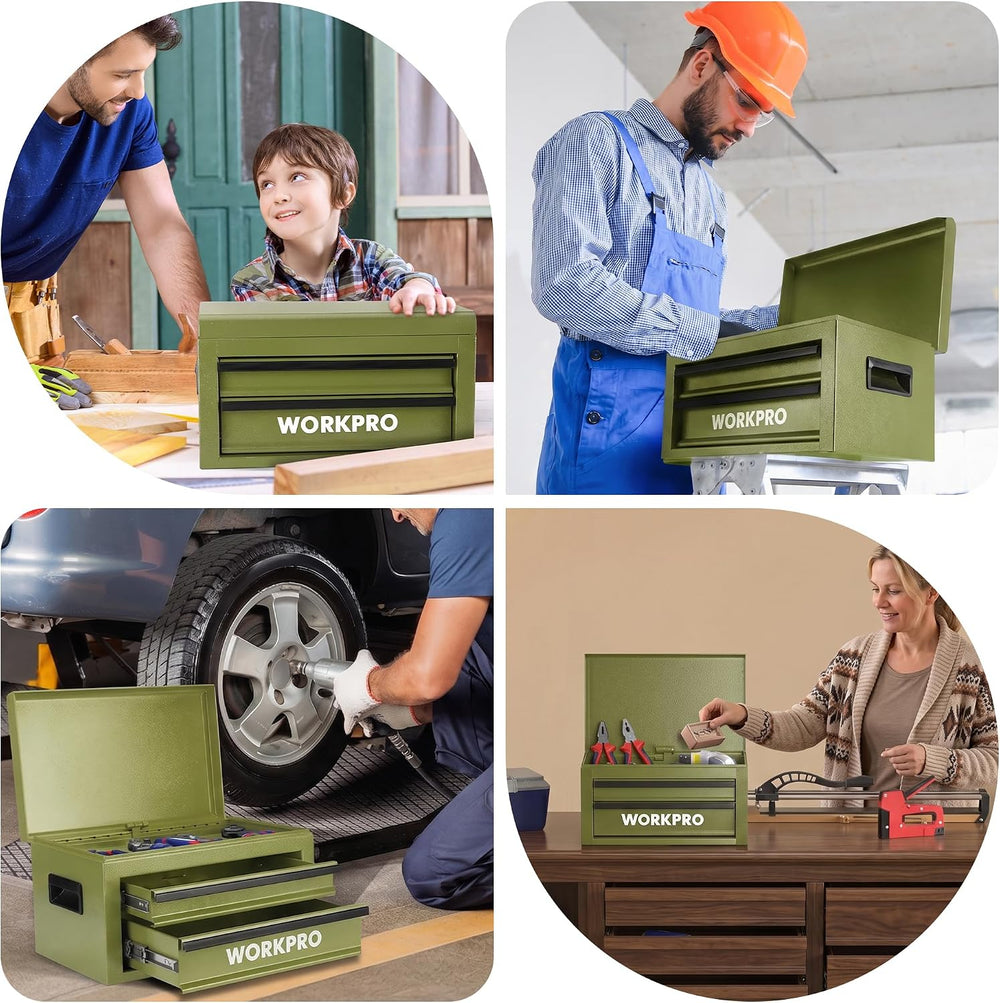 WORKPRO 15-Inch Metal Tool Box with 2 Drawers & Top Storage