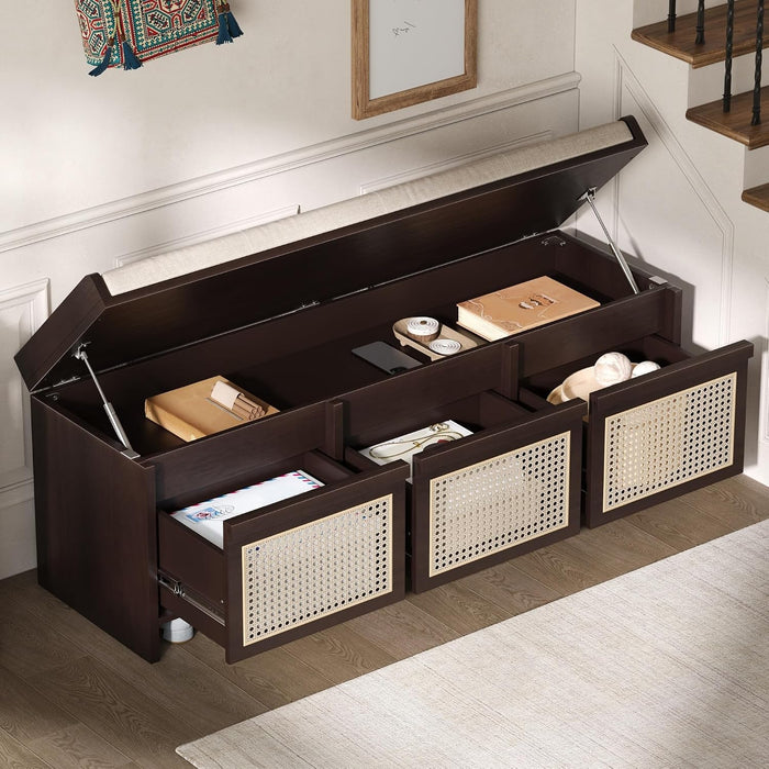 LUMISOL 48" Entryway Shoe Bench, Retro Storage Bench with Rattan Drawers & Removable Button-Tufted Upholstered Cushion for Living Room, Hallway, Foyer, Espresso