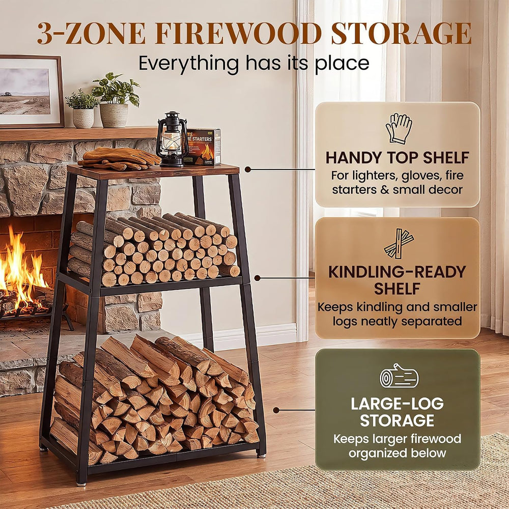 37" Firewood Rack, 3-Zone Log Holder for Indoor & Outdoor Use