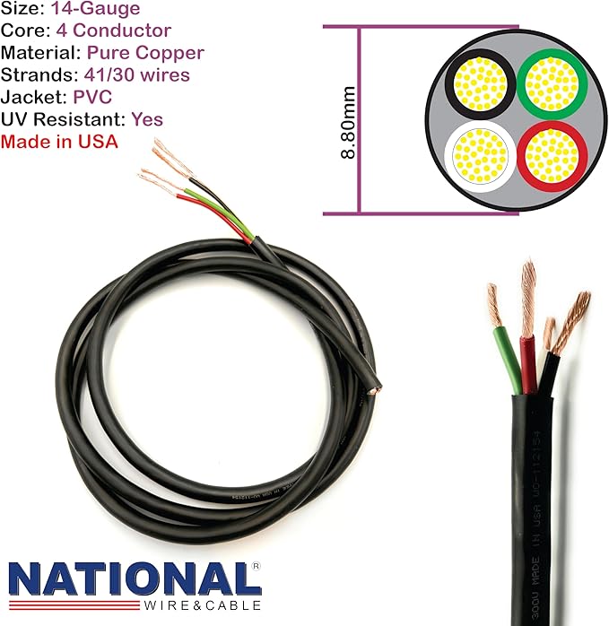 NATIONAL Wire & Cable – 14 AWG 4-Conductor Premium Copper Wire, 50 ft, St...
