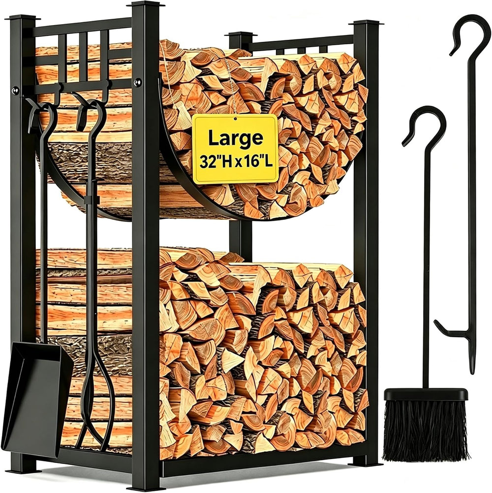 AMAGABELI GARDEN & HOME 32in Large Firewood Rack Fireplace Tools Set Wood...