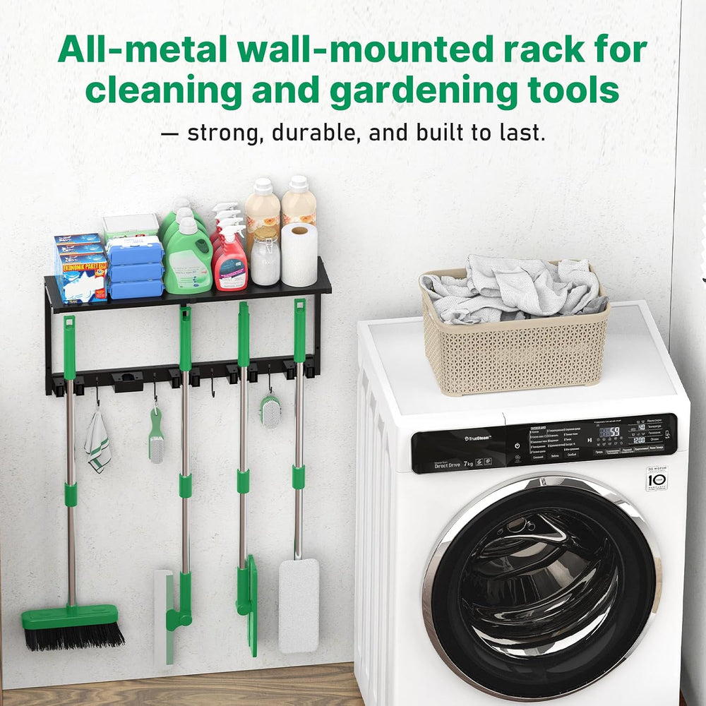 CCCEI Broom Holder Wall Mount with Metal Shelf, Black, 1
