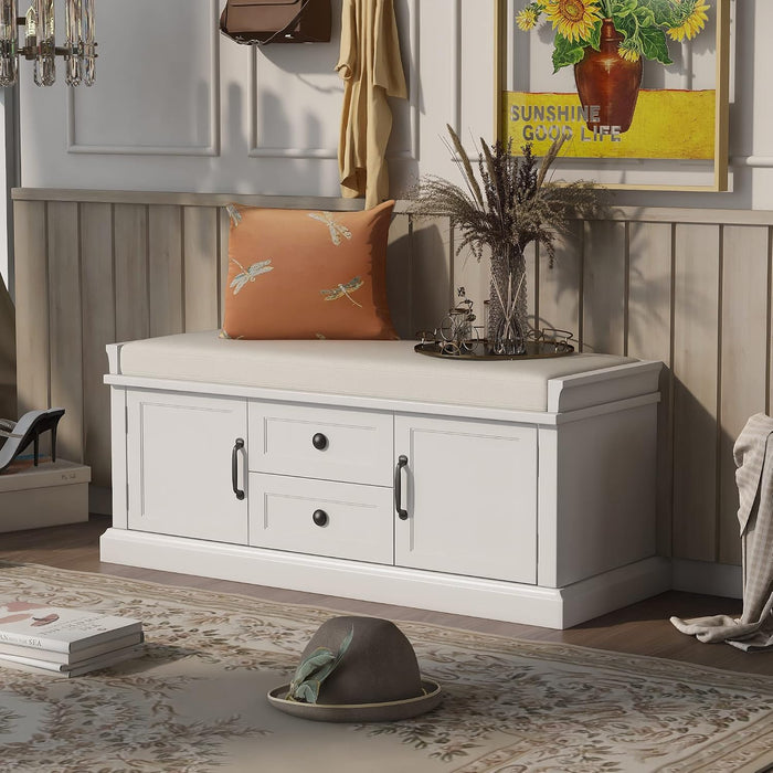 LUMISOL Storage Ottoman, Solid Wood Storage Bench with 2 Drawers and 2 Cabinets, Entryway Bench with Removable Cushions, Shoe Bench for Entryway, Living Room, White