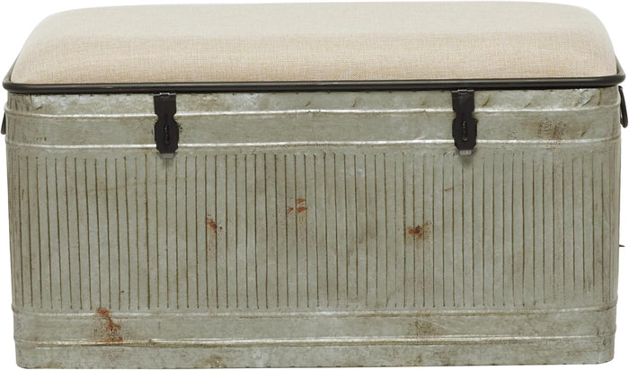 Deco 79 Metal Room Storage Bench Galvanized Entryway Bench with Cream Burlap Top and Black Latches, Bench 38" x 16" x 19", Gray