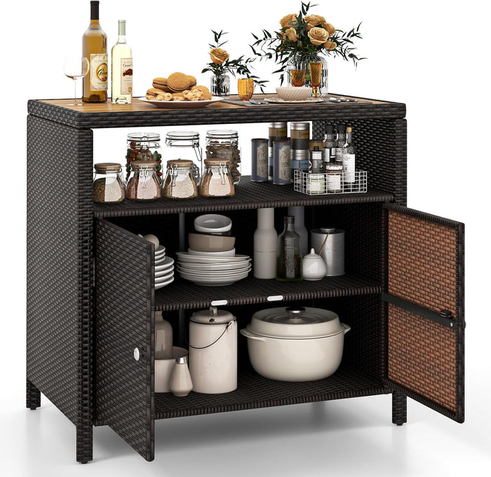 HAPPYGRILL Outdoor Rattan Storage Cabinet, Patio Sideboard Buffet Cabinet with Acacia Wood Countertop, Open Shelf & 2 Door Cabinet, Wicker Storage Organizer for Garden Tools (Mixed Brown)