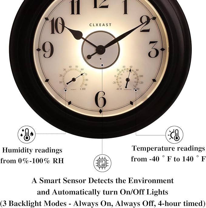 CLXEAST 24 Inch LED Self-Illuminated Outdoor Metal Clocks Waterproof, Large