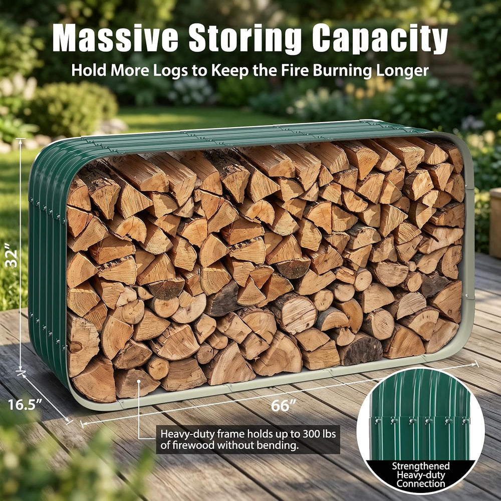 66" Cuboid Metal Sheet Firewood Rack Outdoor or Indoor Use, Green