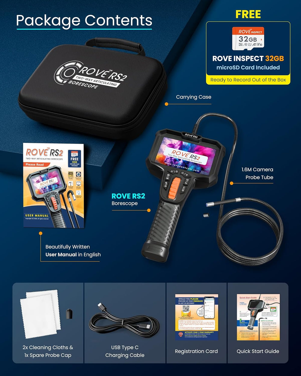 ROVE RS2 Articulating Borescope Camera with Light, 2-Way 210°, 32GB Card