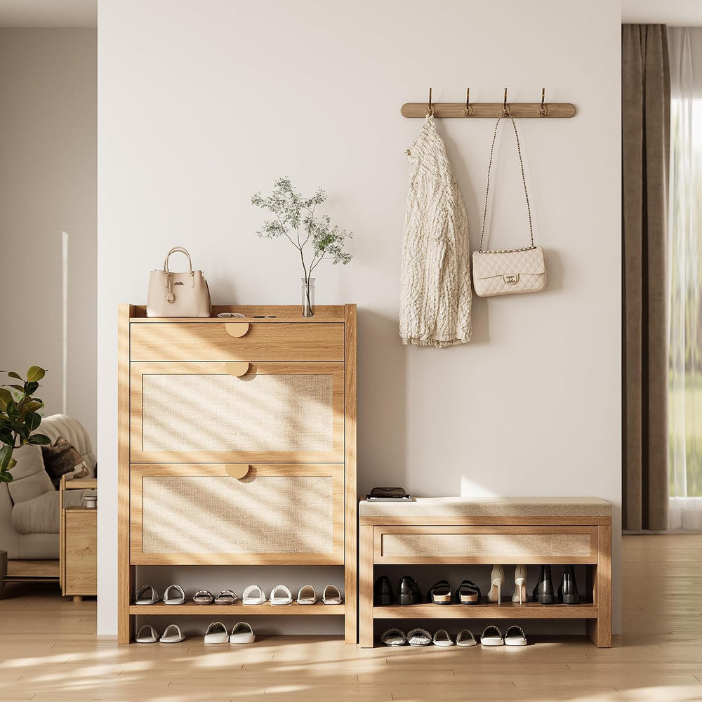 32” Shoe Bench with Storage Drawer, Farmhouse Entryway Bench with Linen Seat ...