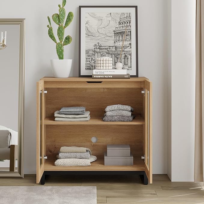 WAMPAT Modern TV Stand with Glass Doors