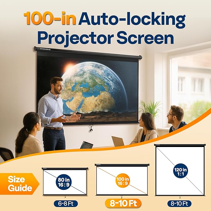 VIVOHOME 100 Inch 16:9 Pull Down Projector Screen, HD 4K Retractable Movie
