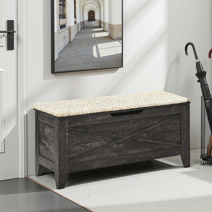 VECELO 43.3" Storage Bench, Entryway Shoe Ottoman, Farmhouse Style Bench with Handwoven Cushion and Metal Safety Hinges, for Bedroom, Living Room, Entryway, Gray