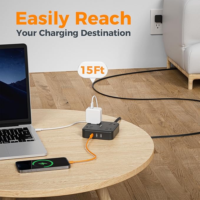 Surge Protector Flat Extension Cord 15FT, TESSAN Flat Plug Power Strip