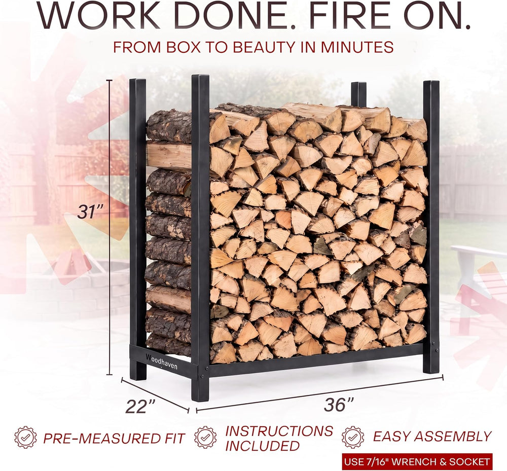 Woodhaven 3-Foot Black Raised Firewood Rack w/o Cover, 1/8 Cord|Made in USA