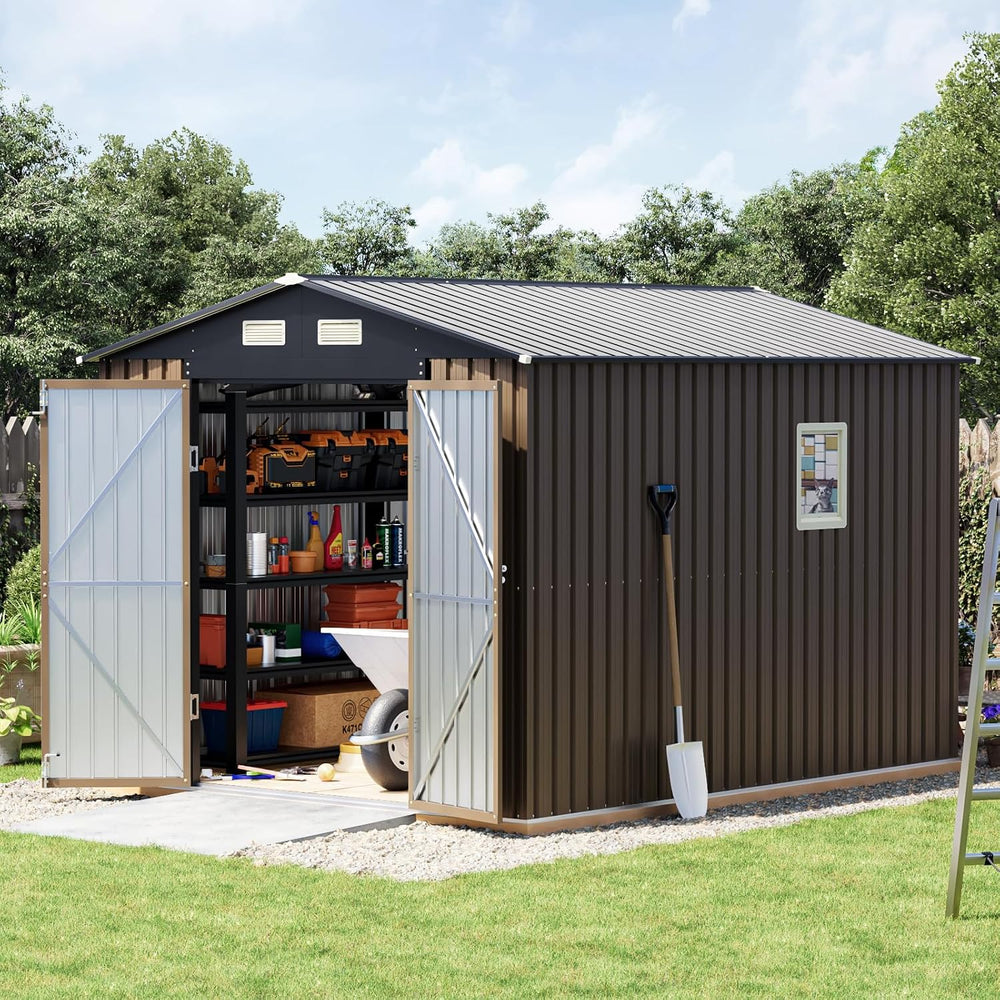 10 x 8 FT Storage Shed with Floor Frame for Backyard, Brown