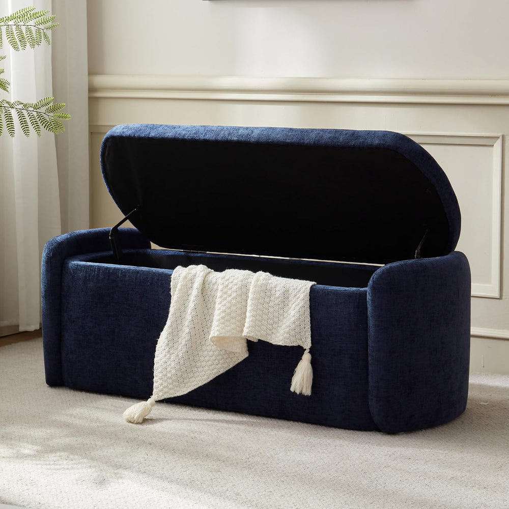 VKNOW Storage Bench, Upholstered Storage Ottoman Bench with Hinge, Navy