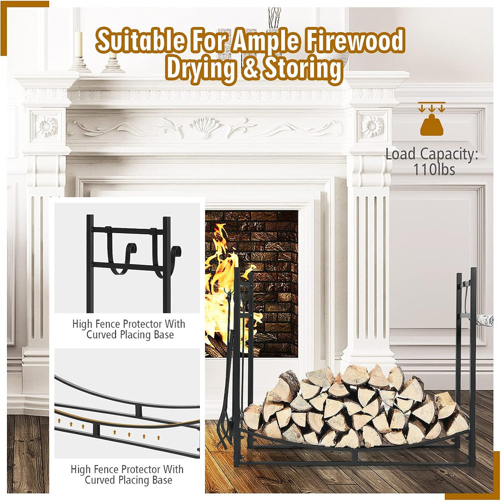 IRONMAX 36 Inch Firewood Rack with Fireplace Tools Set & Kindling Holder