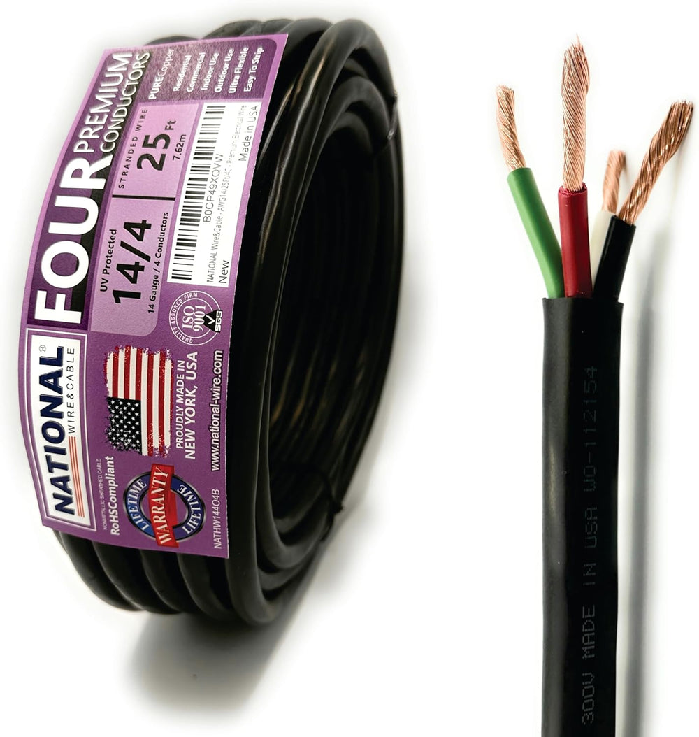 NATIONAL Wire & Cable – 14 AWG 4-Conductor Premium Copper Wire, 25 ft, St...