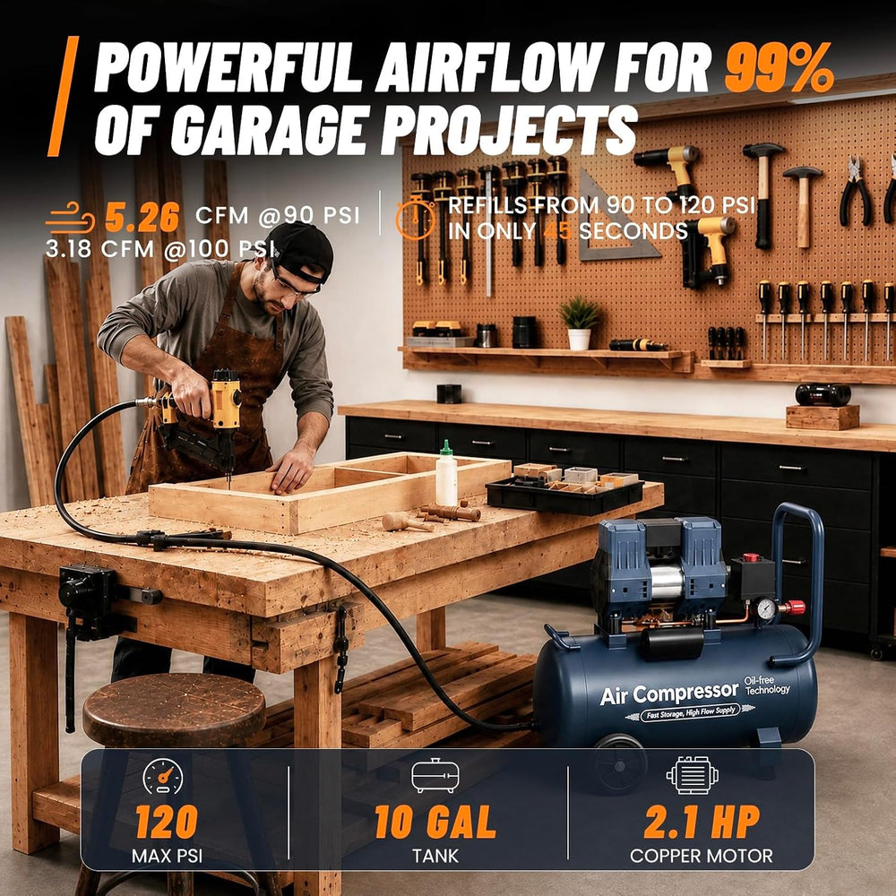 10 Gallon Quiet Oil-Free Air Compressor, Portable Air Compressor with 120 PSI...