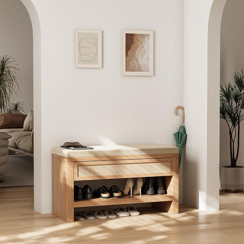 32” Shoe Bench with Storage Drawer, Farmhouse Entryway Bench with Linen Seat ...