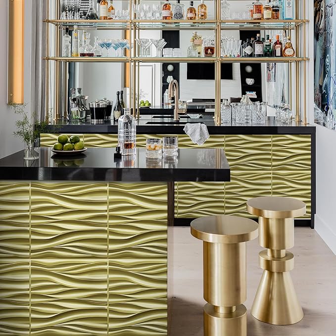 STICKGOO 3D Wall Panels for Interior Wall Decor, Champaign Gold Wave Design