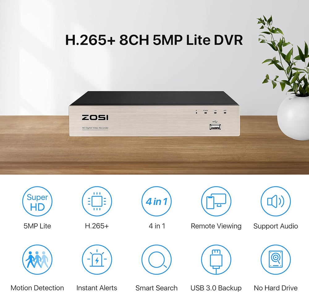 ZOSI 8 Channel Wired Security Camera System, 4X 1080P Metal Cams, No HDD