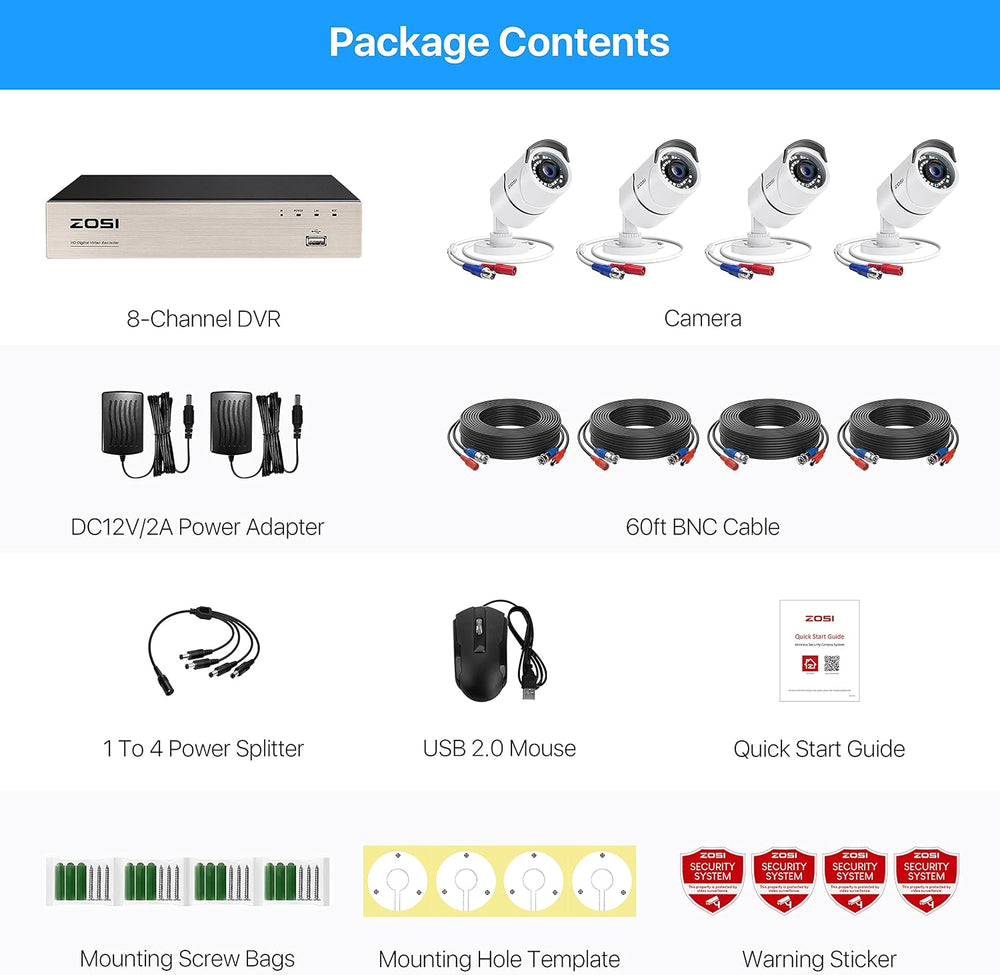 ZOSI 8 Channel Wired Security Camera System, 4X 1080P Metal Cams, No HDD