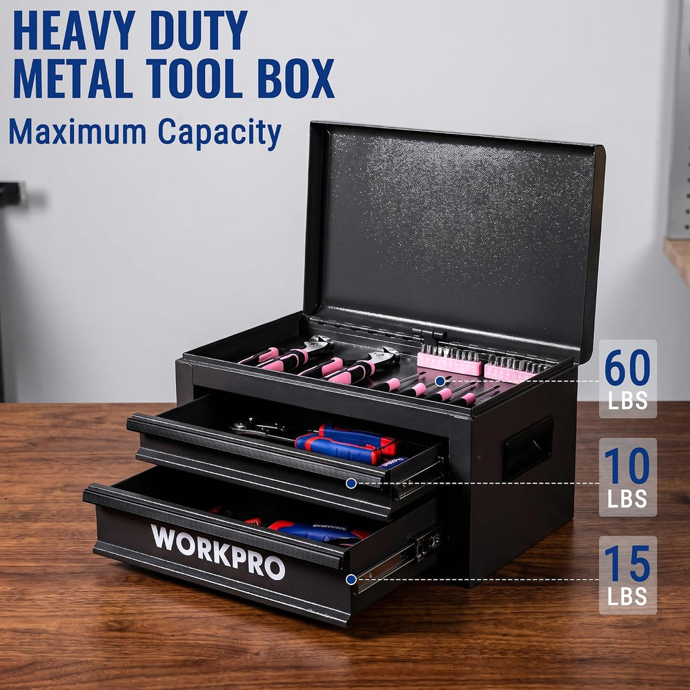 WORKPRO 15-Inch Metal Tool Box with 2 Drawers & Top Storage