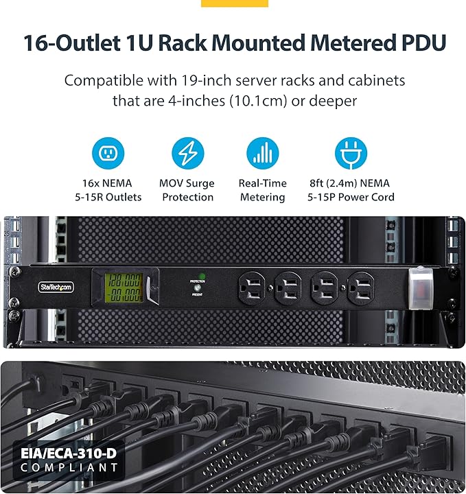 StarTech.com 16-Outlet Horizontal Rack Mount Metered PDU, 1U Server Power Strip