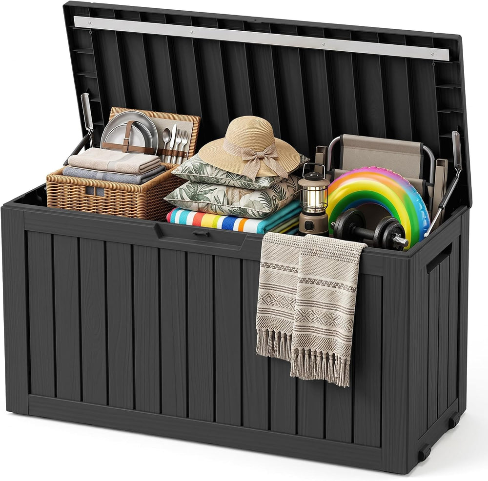 Outdoor Storage Box,100 Gallon Lockable Deck Box with Wheels,Black