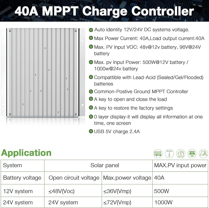 OOYCYOO MPPT Charge Controller 40 amp 12V/24V Auto, 40A Solar Panel Charge