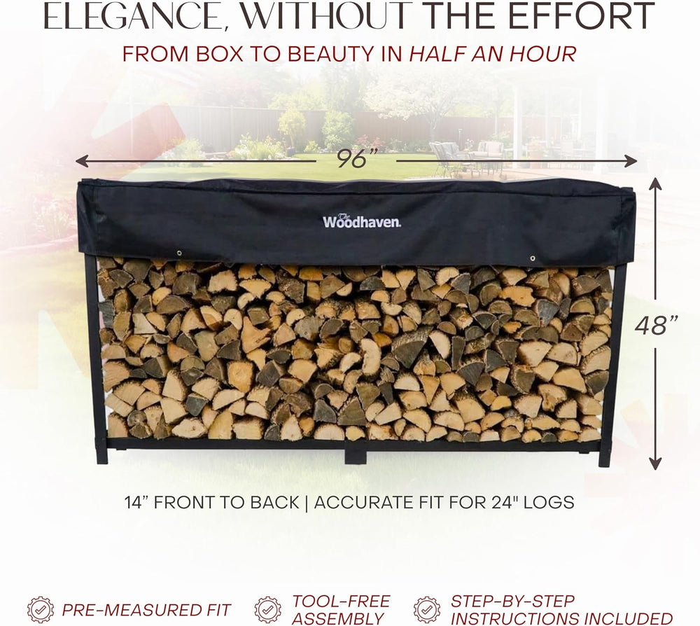 Woodhaven Pioneer 8' Firewood Rack with Cover - Black - Steel Outdoor Log...