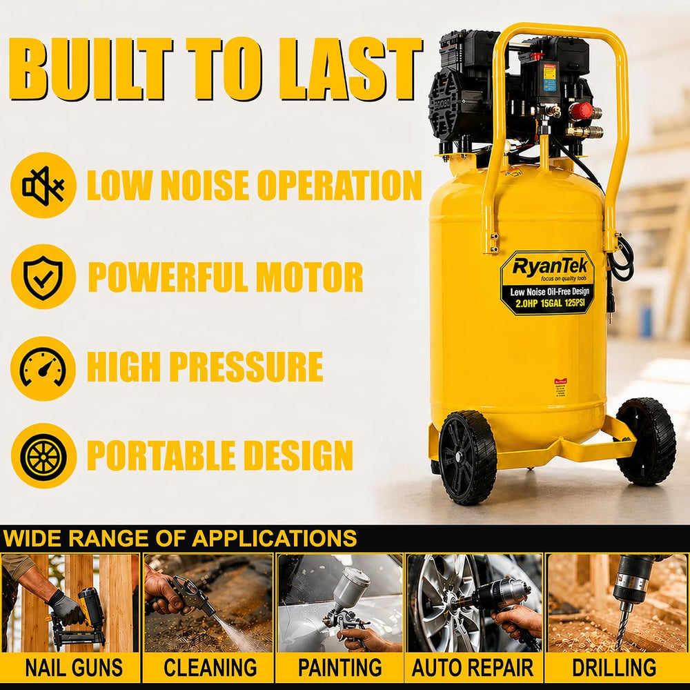 15-Gallon Air Compressor, 2HP, Quiet 66dB, 4.5CFM@90PSI