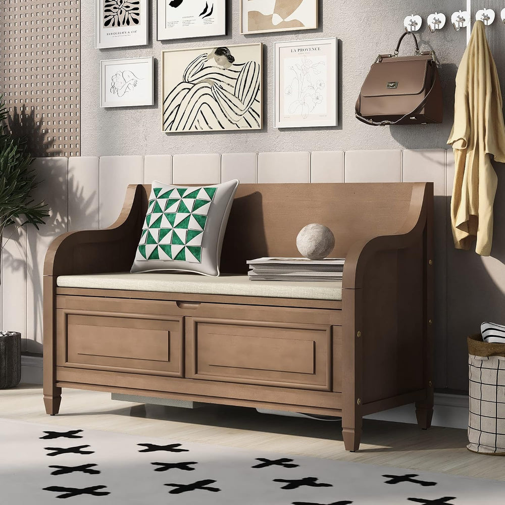 P PURLOVE 42 Inch Rustic Style Storage Bench,Brown and Beige