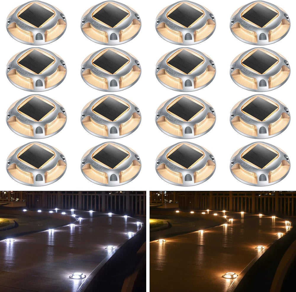 AGPTEK Solar Driveway Lights Outdoor 16 Pack, 2 Color Modes LED Deck Dock