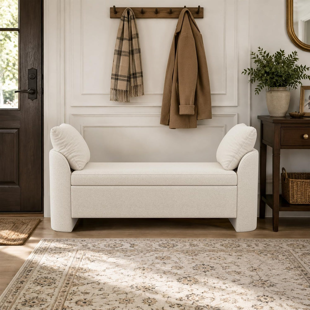 Usaint 58.3" Upholstered Storage Ottoman Bench with 2 Throw Pillows, Beige
