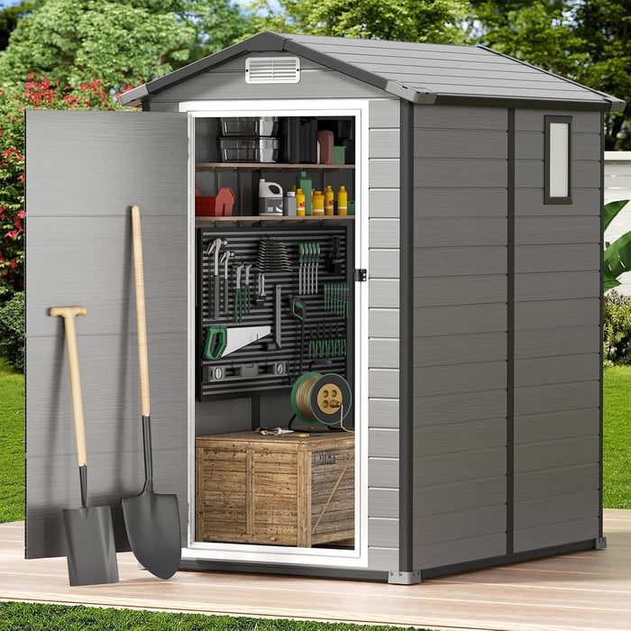 GVDV 4×6 FT Outdoor Storage Shed with Floor, Resin Plastic Utility Shed