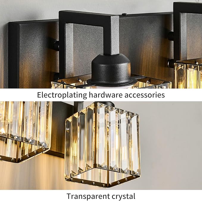 FDPBY Modern Bathroom Vanity Light 3-Lights Black Crystal Wall Lamp Bathroom
