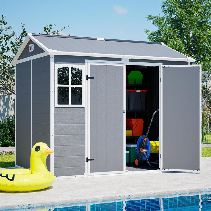 YOPTO 8x6 FT Plastic Shed,Outdoor Storage Shed W/ 2 Windows & Floor,Resin Garden Tool House W/Lockable Door,Integrated Drainage Holes & Air Vents,for Backyard,Patio,Lawn,Gray-White