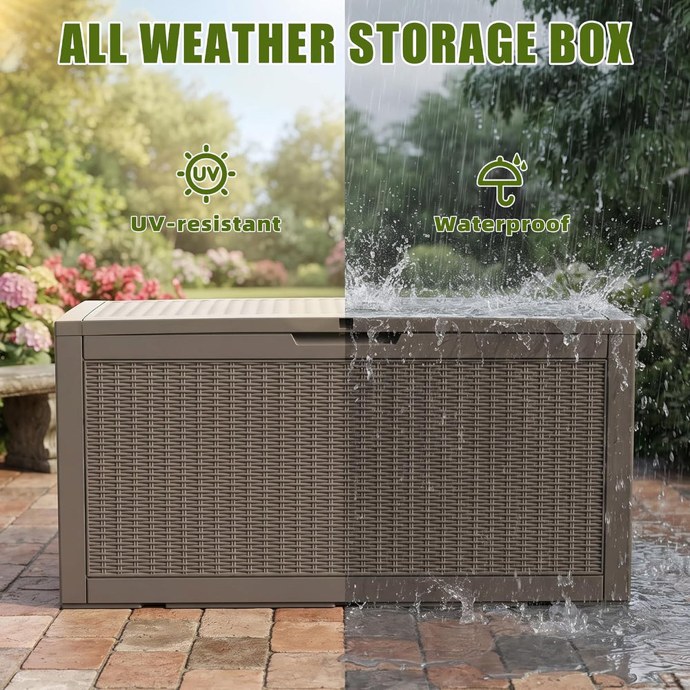 140 Gallon Deck Box, Lockable Waterproof Resin Storage Box, Beige
