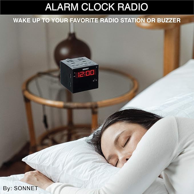 Sonnet Alarm Clock Charging Station, AM FM Radio, Dual USB Charging Ports