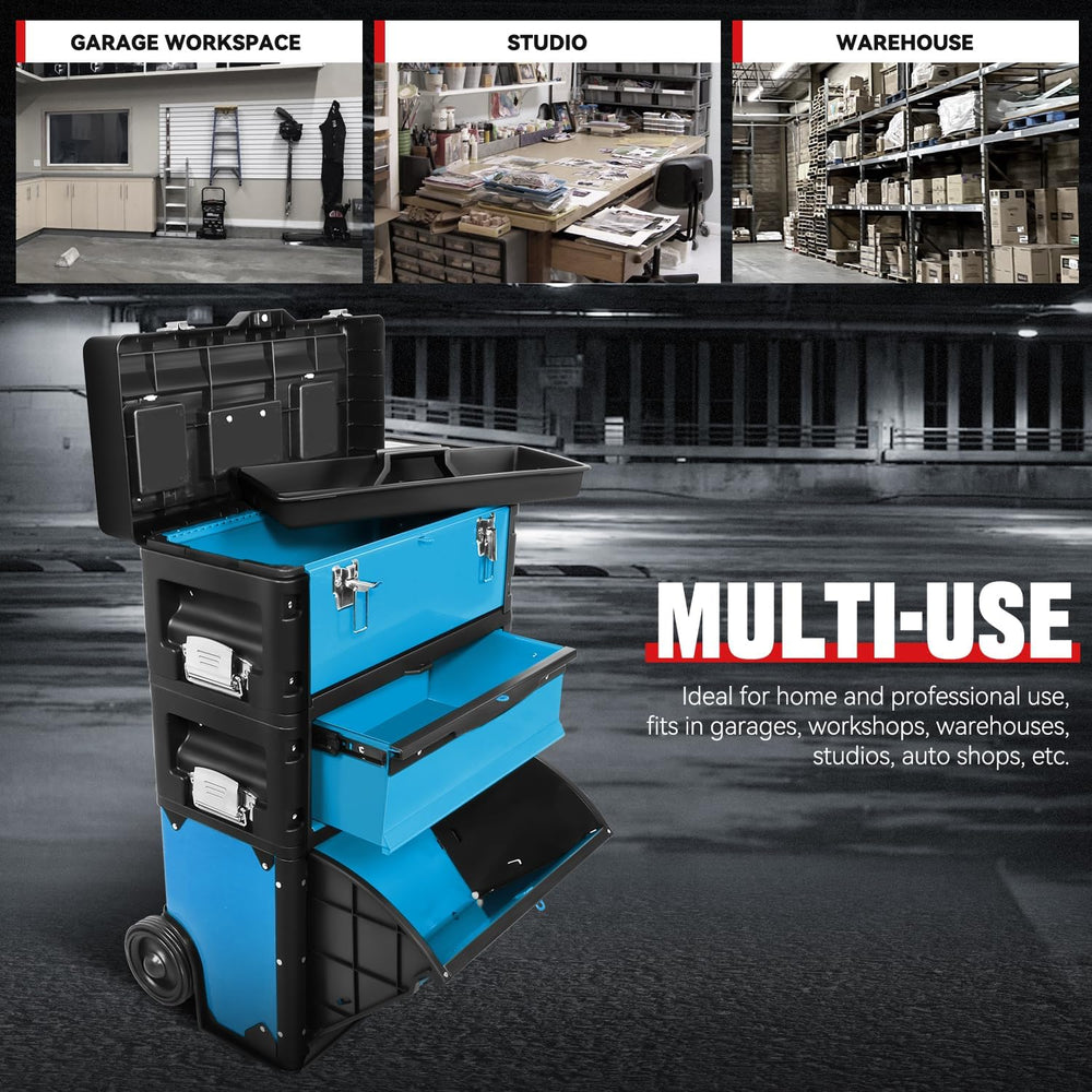 Auto Dynasty 3-Tier Rolling Trolley Tool Box Stackable w/Wheels, 19.5" Blue