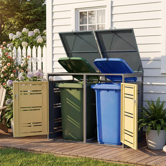 Goplus 44 Cu.Ft Outdoor Trash Can Storage, Garbage Can Hider Outdoor with 2 Lockable Doors Gas Struts & Shock Absorbers, Outdoor Storage for Patio, Backyards, Yard & Garden
