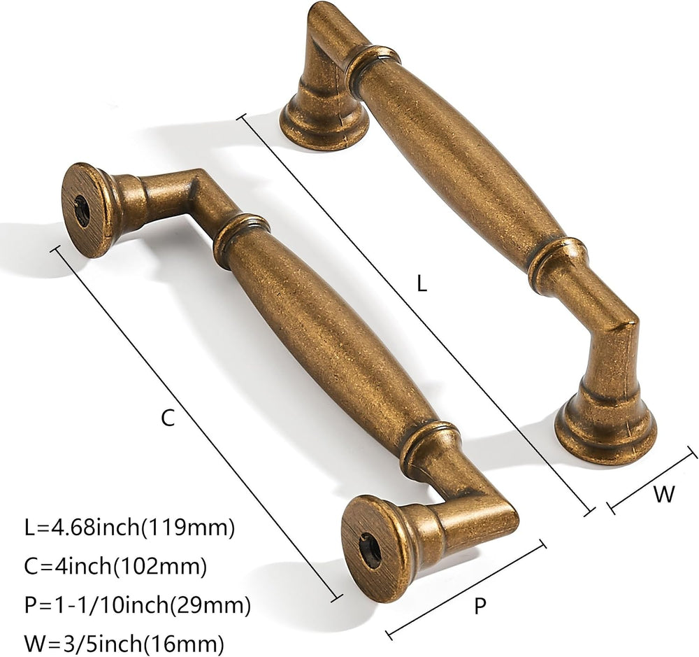 10 Pack 4 Inch Hole Center Vintage Antique Brass Cabinet pulls Solid Heavy Du...