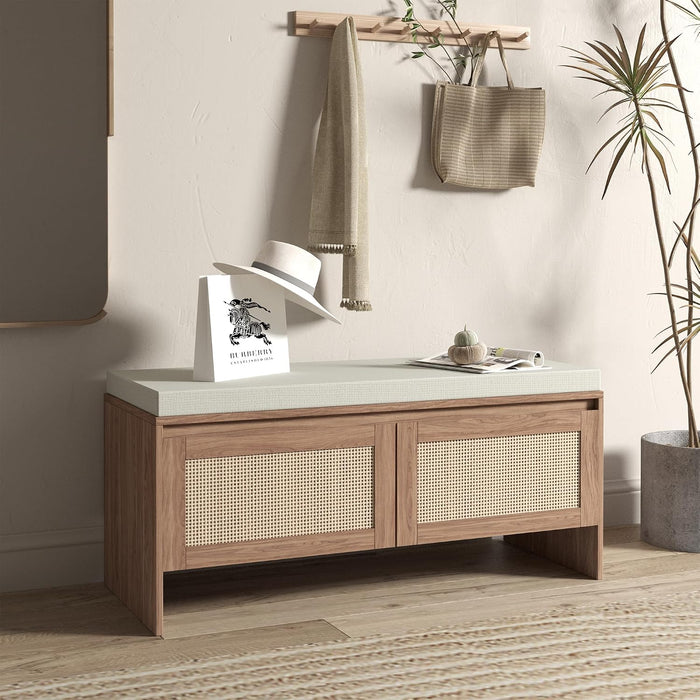 SOFTSEA 39.4" Shoe Storage Bench with Rattan Doors & Cushion, Natural