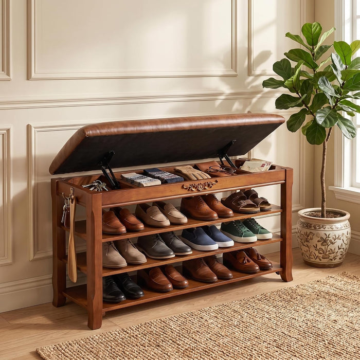 Solid Wood Shoe Rack Bench Entryway Storage with Leather Cushion, 39.4”