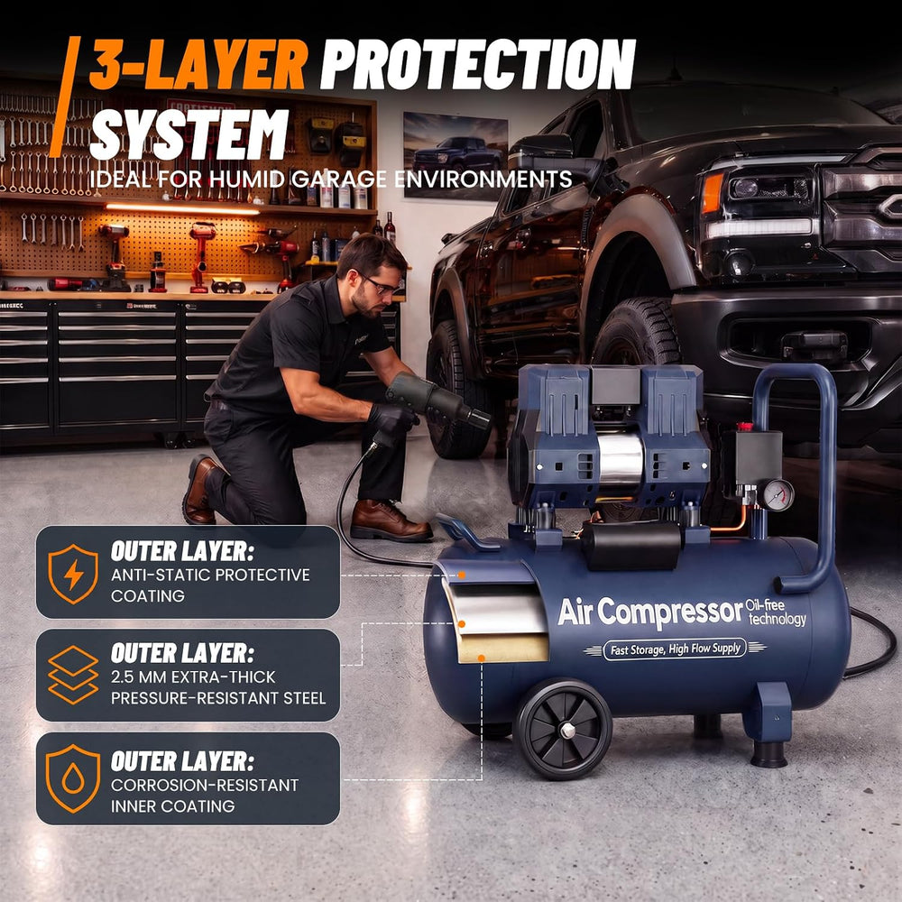 10 Gallon Quiet Oil-Free Air Compressor, Portable Air Compressor with 120 PSI...