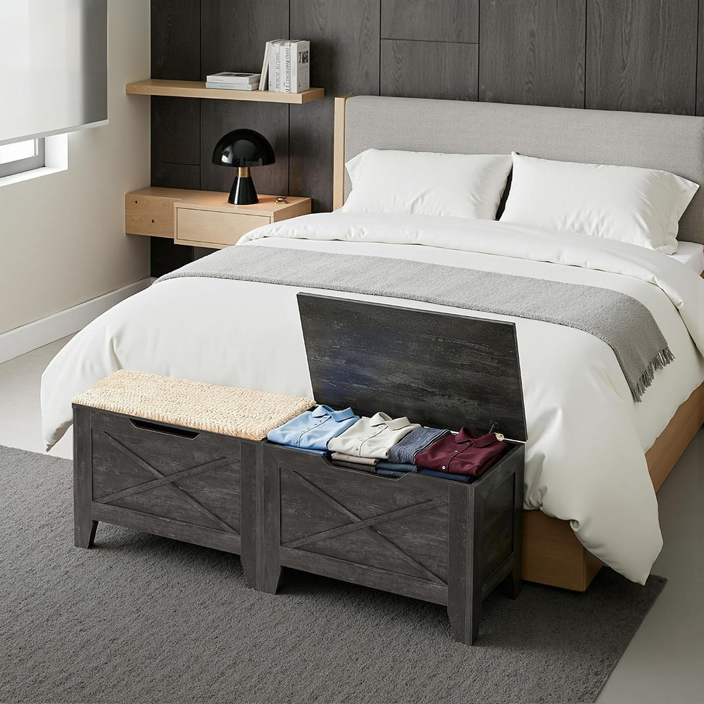 VECELO 30" Storage Bench, Farmhouse Entryway Shoe Ottoman, Gray